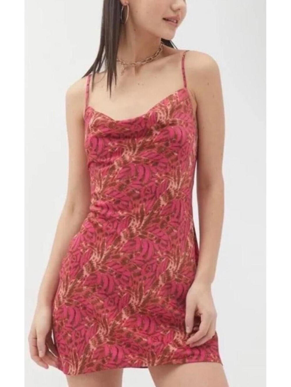 URBAN OUTFITTERS Mini Dress Cowl Neck Pink Animal Print Rose Satin Women's Small